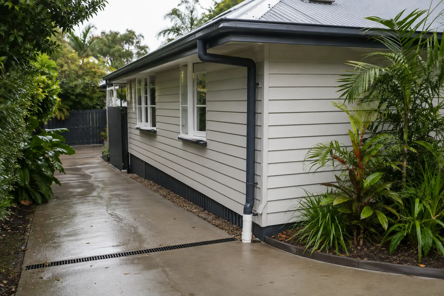 Roof gutter, downpipe and grated surface drainage beside a wet private-property path in a subtropical Brisbane garden.